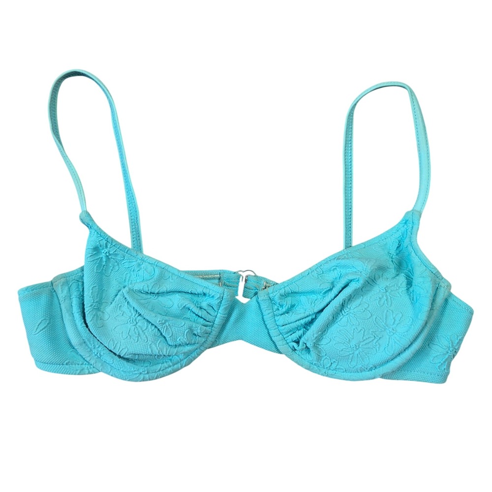 Vintage Sassafras Turquoise Floral Underwire Bikini Top Blue 9/10 Made in USA